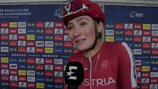 Kathrin Schweinberger  Interview at the finish  UEC Championships LimbourgFlanders 2024 [upl. by Ariajay]