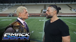 Cody Rhodes meets Roman Reigns at Georgia Tech to broker Bad Blood deal SmackDown Sept 20 2024 [upl. by Aisitel]