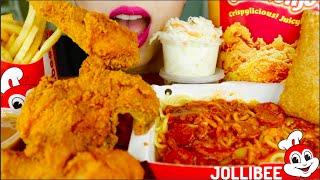 ASMR JOLLIBEE SPICY FRIED CHICKEN SPAGHETTI COLESLAW MASH POTATO FRIES PEACH MANGO PIE 咀嚼音  먹방 [upl. by Coveney246]