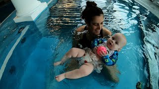 BABY SWIMMING LESSONS  Ultimate first lesson routine  7 month old Swimming in Pool [upl. by Esertap67]