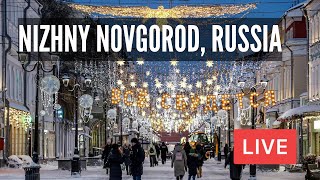 NIZHNY NOVGOROD Russia on Friday Night under SNOWFALL ❄️ and Christmas Lights LIVE [upl. by Aihsemak]