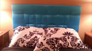 DIY Easy UpholsteredTufted Floating Headboard wCrystal Buttons Bling Cardboard UNDER 50 [upl. by Ilarrold]