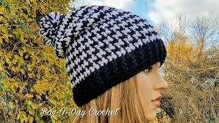 HOW TO CROCHET  SLOUCHY HAT  UNISEX HOUNDSTOOTH BEANIE  BAGODAY CROCHET Tutorial 438 [upl. by Yesnyl]