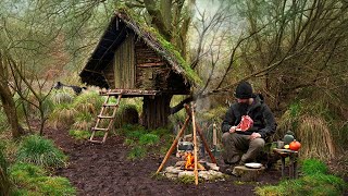 Building wood survival shelter in wildlands  Bushcraft amp Campfire grilled meat [upl. by Danita]