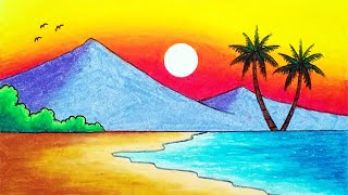 How to Draw Beautiful Sunset in the Beach  Easy Sunset Scenery Drawing [upl. by Nabalas]