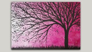 Simple Tree Silhouette Acrylic Painting on a Sponge Painted Background [upl. by Attaynik]