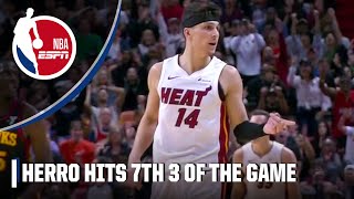 Tyler Herro drills deep 3 over Clint Capela to beat the shot clock  NBA on ESPN [upl. by Leora]