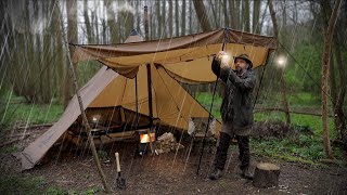 Heavy Rain Solo Overnight Hot Tent Camp [upl. by Ennoirb521]