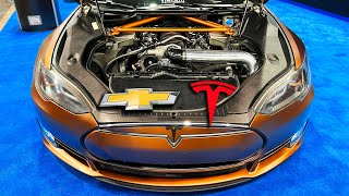 A Tesla with a V8 LS Swap Rich Rebuilds  SEMA [upl. by Nickerson]