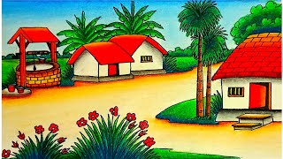 How to draw easy scenery drawing of nature beautiful village house drawing easy step by step [upl. by Aynekat892]