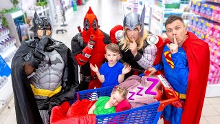 Hide and Seek in Supermarket with Superheroes  Vania Mania Kids [upl. by Ailadgim]