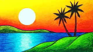 How To Draw Beautiful Sunset  Easy Sunset Scenery Drawing [upl. by Sivek]