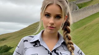 4K AI Art Lookbook Model video  Cute Classmate  Welsh Castles and Rolling Hills [upl. by Eessac]