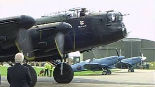 An Avro Lancaster starts up taxies out takes off and does a flyby [upl. by Ahsinrac635]