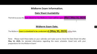 VU MidTerm Date sheet Announcement  Alert Regarding Midterm Exams Information Spring 2024 [upl. by Ylehsa]