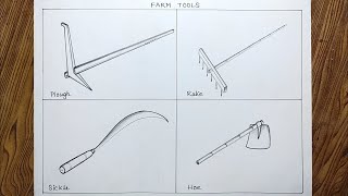 How to draw Agricultural tools step by step Plough rake sickle and hoe drawingFarm tools drawing [upl. by Haimorej]