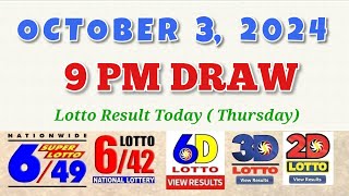 Lotto Result Today 9pm draw October 3 2024 649 642 6D Swertres Ez2 PCSO [upl. by Annohsal]