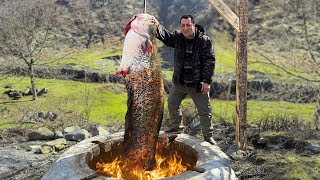 I Caught A Huge Fish and Cooked It in a Big Tandoor Fish Day in the Village [upl. by Petrine]