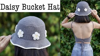 Easy Crochet Daisy Summer Bucket Hat Tutorial 🌸 Daisy Summer Hat DIY [upl. by Moureaux]