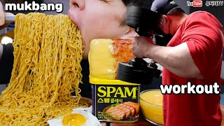 WORKOUT amp INDOMIE MIGORENG amp EGG CHEESE SPAM 이두 박살내고 인도미 미고랭라면 amp 치즈통스팸 amp 계란후라이 먹방 ASMR MUKBANG [upl. by Nnylrats352]