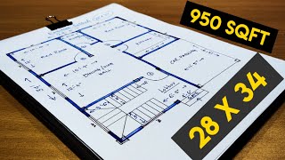 950 sqft house plan with car parking II 28 x 34 ghar ka naksha II 28 x 34 house design [upl. by Ranice]