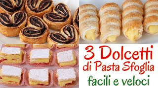 DOLCETTI DI PASTA SFOGLIA 3 Idee Facili  Ventagli al Cacao Cannoli alla Crema Diplomatici Mignon [upl. by Tessil432]