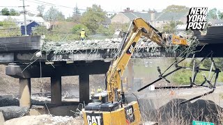 Demolition begins on I95 bridge after massive tanker fire sparking traffic nightmare [upl. by Aelanej]