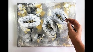 Flowers painting on canvas Gold amp Silver LeafDemo Acrylic Technique on canvas [upl. by Romilda]