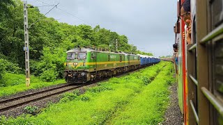 WAG 9 twins crossing paths with the Mandovi Express in the Konkan Ghat section [upl. by Esinrahs]