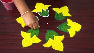 Simple kolam art designs with 5x3 dots  5 dots rangoli designs with colours  small flower kolangal [upl. by Noram]