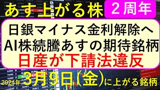 あす上がる株 2024年３月８日（金）に上がる銘柄 ～最新の日本株での株式投資。初心者でも。日銀のマイナス金利解除。エヌビディア５連騰でAI関連銘柄が絶好調、NVIDIAの株価。～ [upl. by Nellad]