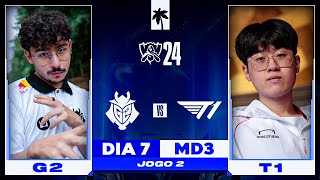 G2 x T1  Jogo 2  MD3  Fase Suíça  Dia 7  Worlds 2024  Ilha das Lendas [upl. by Eseer]