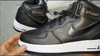 Stussy x Nike Air Force 1 Mid Top Triple Black Shoes [upl. by Arihday]