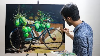 DETAIL PAINTING Acrylic color painting a detail bicycle with coconut [upl. by Soluk]