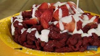 Red Velvet Funnel Cake  Deep Fried Masters [upl. by Akemyt603]