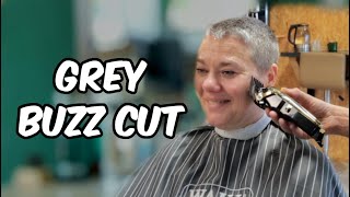 Wild Cowlicks tamed Feminine 7 Buzz Cut  Thick amp Grey Hair Makeover Womens barbershop HFDZK [upl. by Elmaleh]