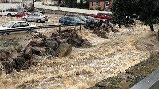 Tourists trapped by floods can leave Saas Grund after road temporarily reopened [upl. by Mauri]