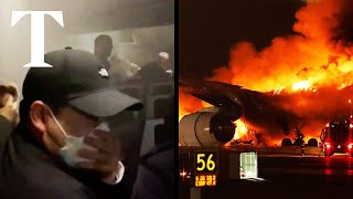 Moment Japan Airlines plane explodes on landing in Tokyo [upl. by Enelrae]