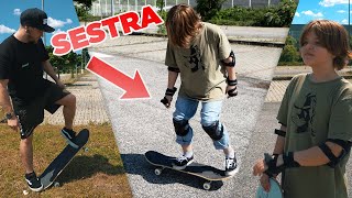 Učím svoju SESTRU Jazdit na SKATEBOARDE  Dokáže Ollie bolestivé [upl. by Hightower]