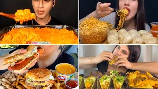 ASMR Eating Cheese Pasta Mutton Momos Spicy Noodles Nachos 🌮 Takos Burger 🍔 French Fries 🍟 [upl. by Eelsel]