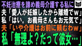 【スカッとする話】不妊治療を諦め義母の介護をする私に夫「愛人が妊娠したから離婚でｗ」私「…そう。お義母さんもお元気で」夫「いや、介護はお前の仕事だろ？」私「無理よ。だって彼女…」 [upl. by Colfin742]