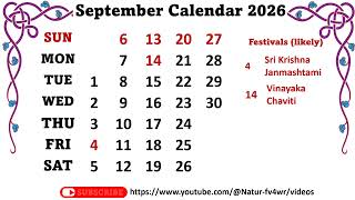 September Calendar 2026  September 2026 Festivals likely some optional and general holidays [upl. by Felt]