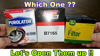 PurolatorL10241 Oil Filter vs Baldwin B7165 Oil Filter vs John Deere AM125424 Oil Filter Cut Open [upl. by Gregg]