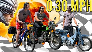 Gas vs Electric How Fast is eBike vs Scooter vs Motorcycle 030 MPH Race [upl. by Whitehurst333]