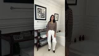 Tan and brown striped sweater with white jeans and brown loafers [upl. by Deborah]