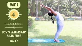 Day 1  Surya Namaskar Challenge  4 Sun Salutations Follow Along  Bharti Yoga [upl. by Ahsuat]