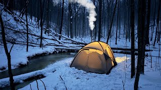 Hot Tent Camping in Freezing Rain  Snowy Valley by a Stream [upl. by Annovaj65]