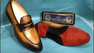 Tan Brown Penny Loafers handmade shoes with extra dark tone shading on toe in fiddle back base sole [upl. by Mclaurin]