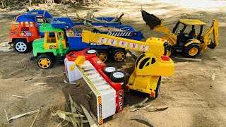 Diecast toy scale model eicher motors dump truck accident fully loaded dust pulling by JCB backhoe [upl. by Bilat450]