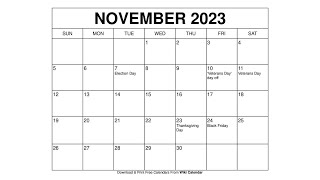 Printable November 2023 Calendar Templates With Holidays  Wiki Calendar [upl. by Monda34]